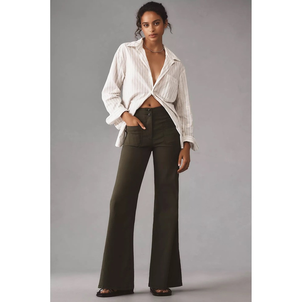 Maeve Anthropologie The Junie Pant Women 24P Magic Fabric Olive Green Flare